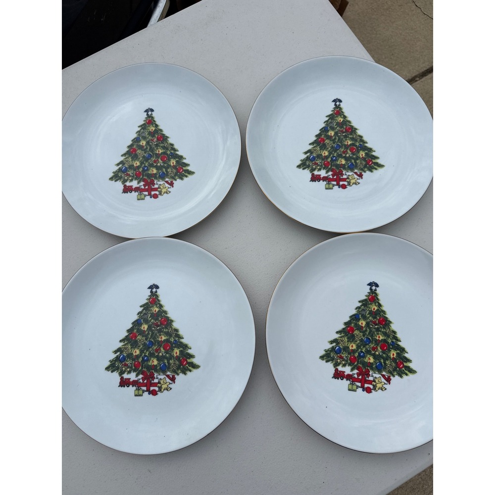 Jamestown China Christmas Tree Dinner Plates Gold Rim Set of 4 10.5 Inch